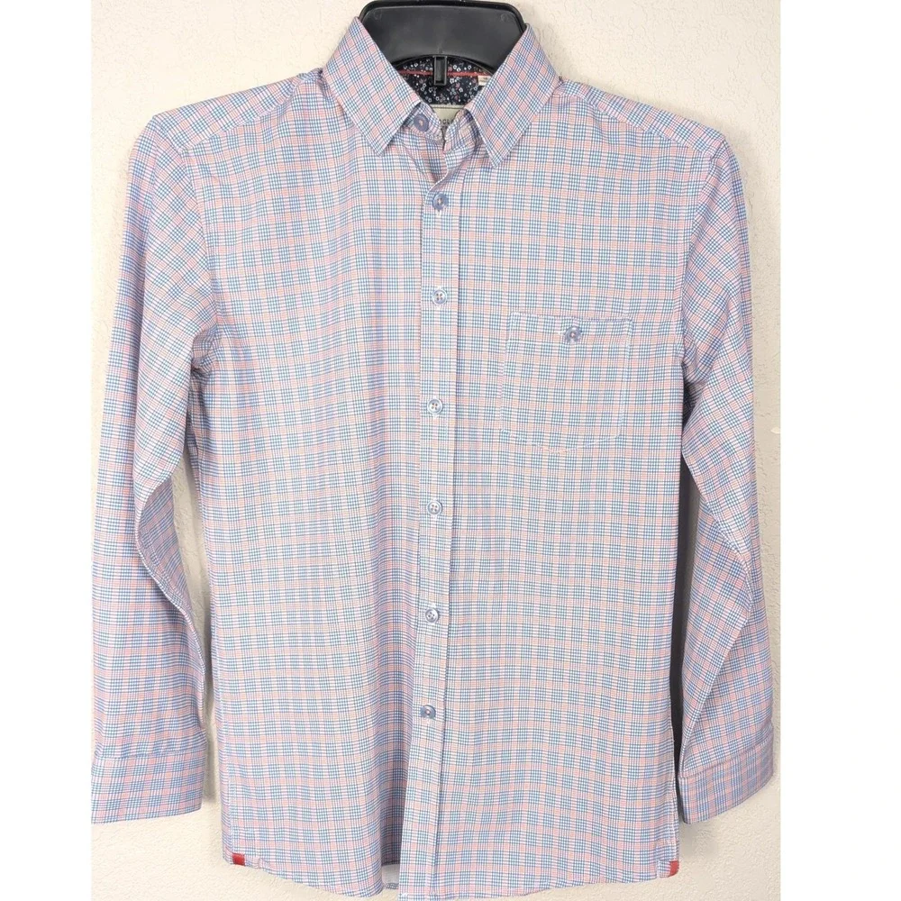 Cloudcloth Button Down Shirt Boys 12 Blue Orange Plaid 4-Way Stretch Large